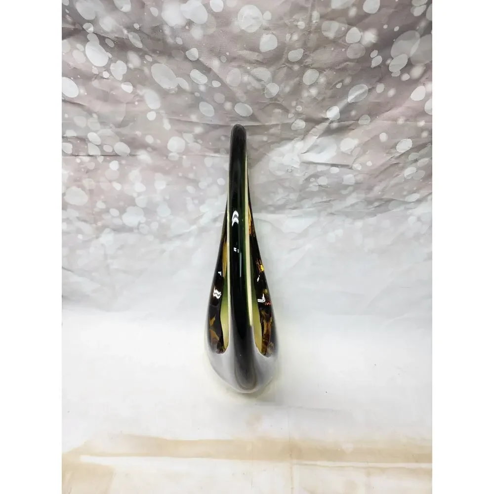 Vintage Murano Glass Basket Vase Yellow/Green Sommerso Hand blown 13.5
